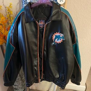 Vintage NFL game day Miami Dolphins Essex MFG  M faux leather zipup Jacket. M5